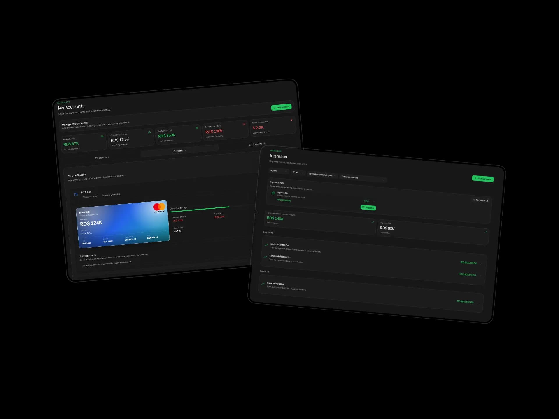Dashboard de Riqzz para organizar cuentas, gastos, ingresos, presupuestos y metas