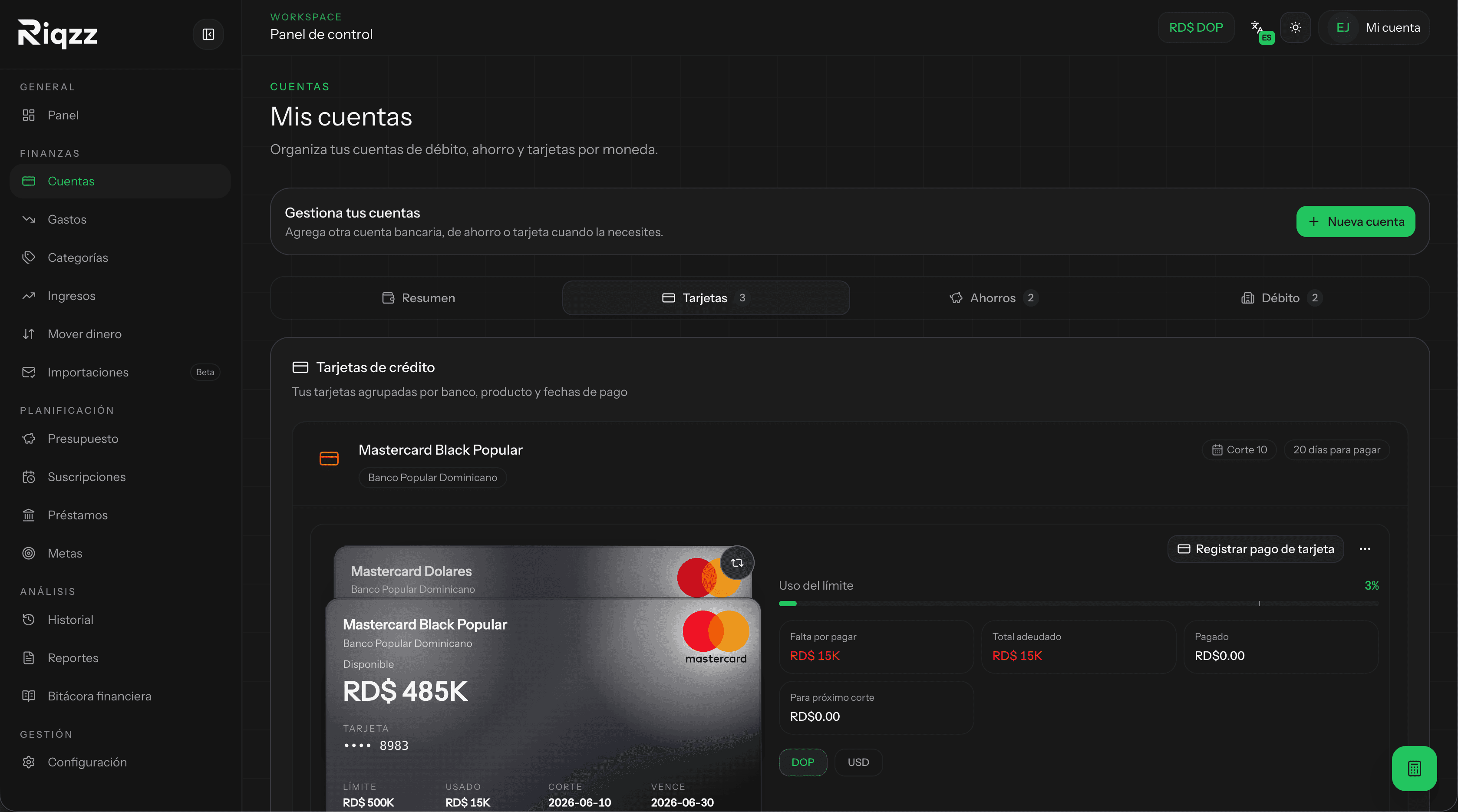 Accounts and cards in Riqzz with DOP and USD balances by currency