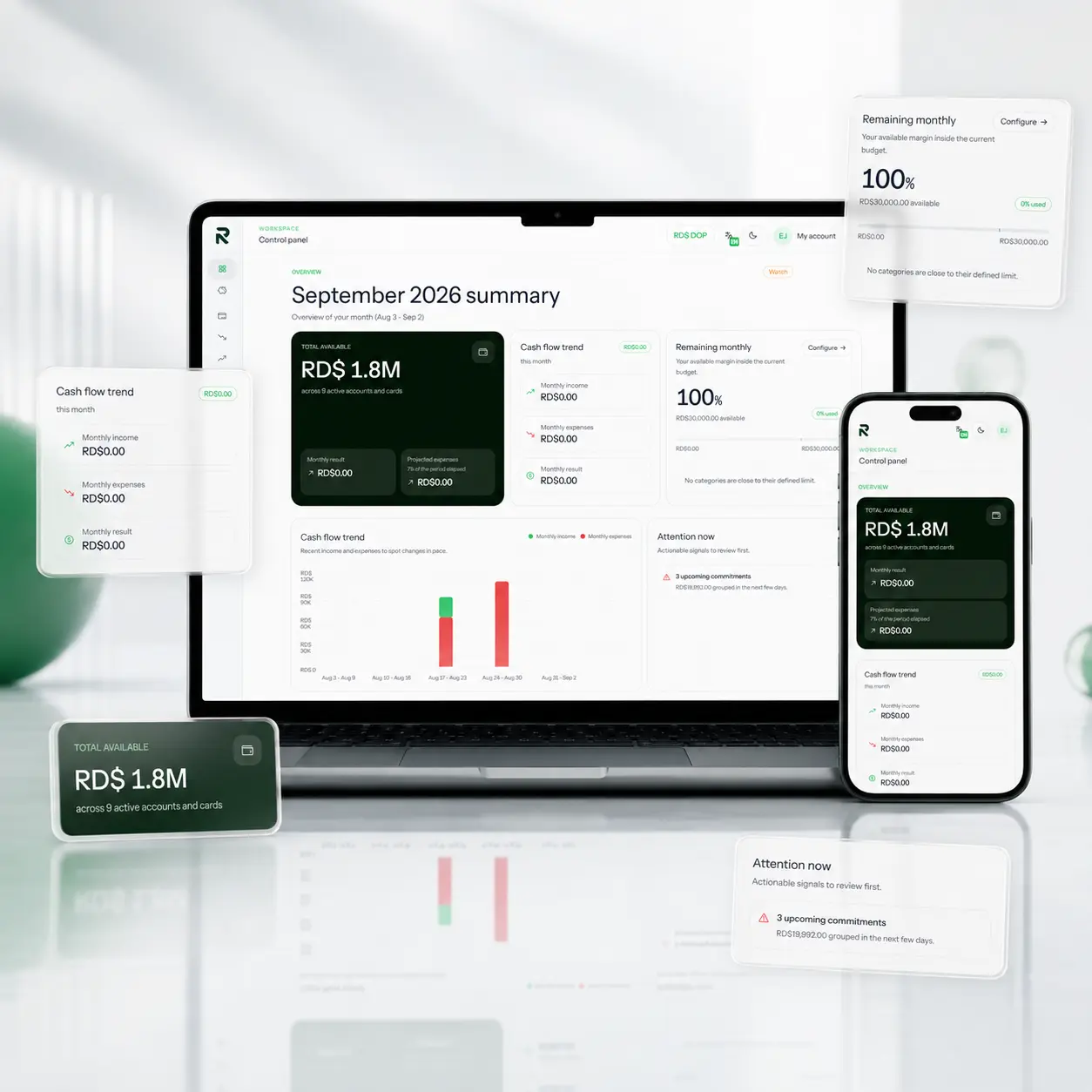 Vista del dashboard de Riqzz con balance, flujo y presupuesto del mes