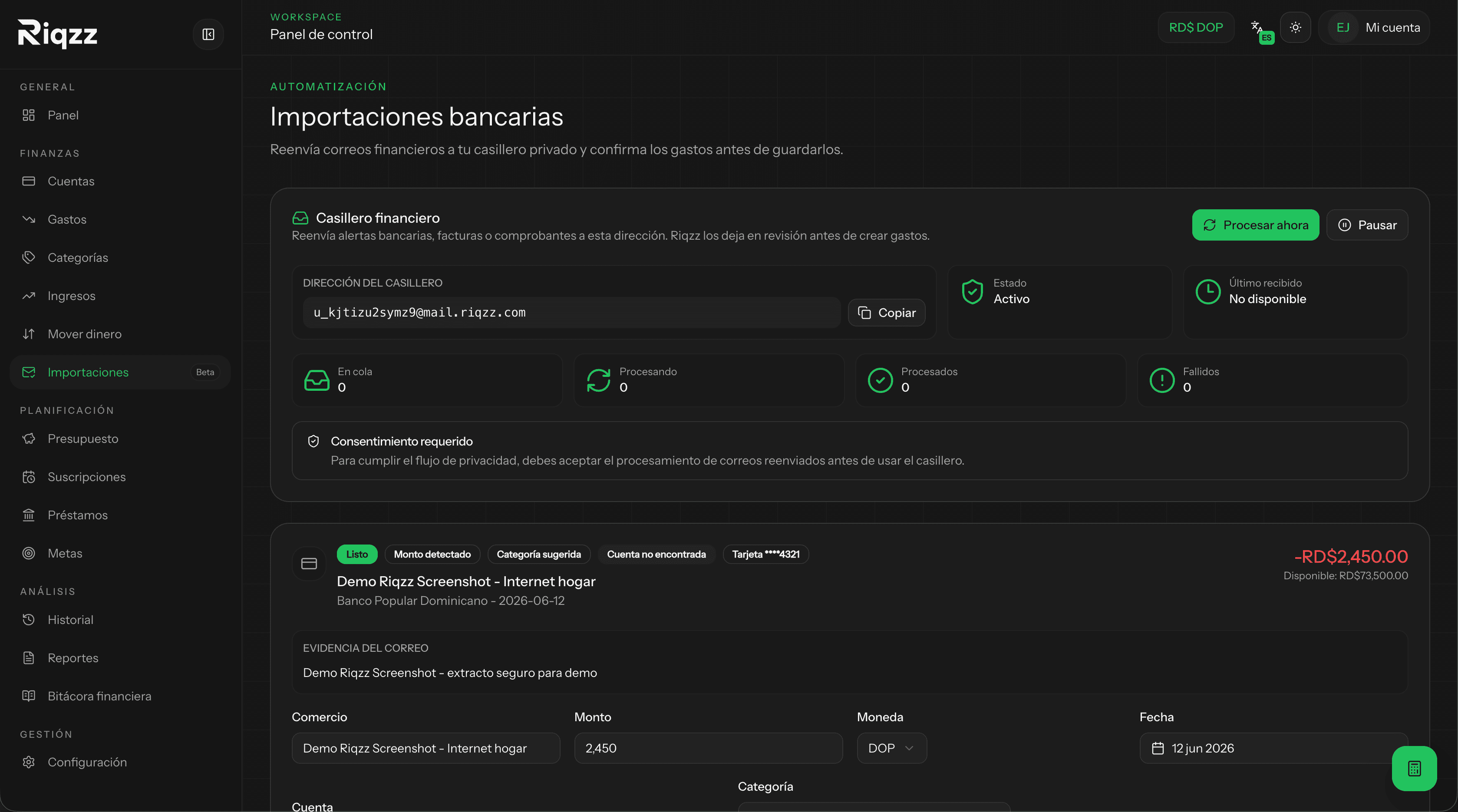 Automatización Pro de Riqzz con recibos asistidos e importaciones bancarias revisables