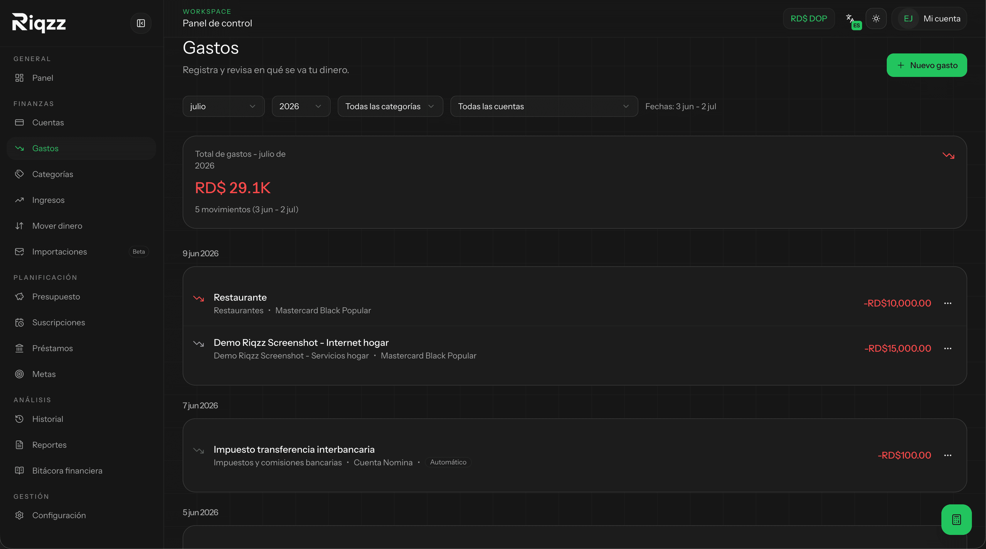 Expense tracking by category, merchant, and date in Riqzz