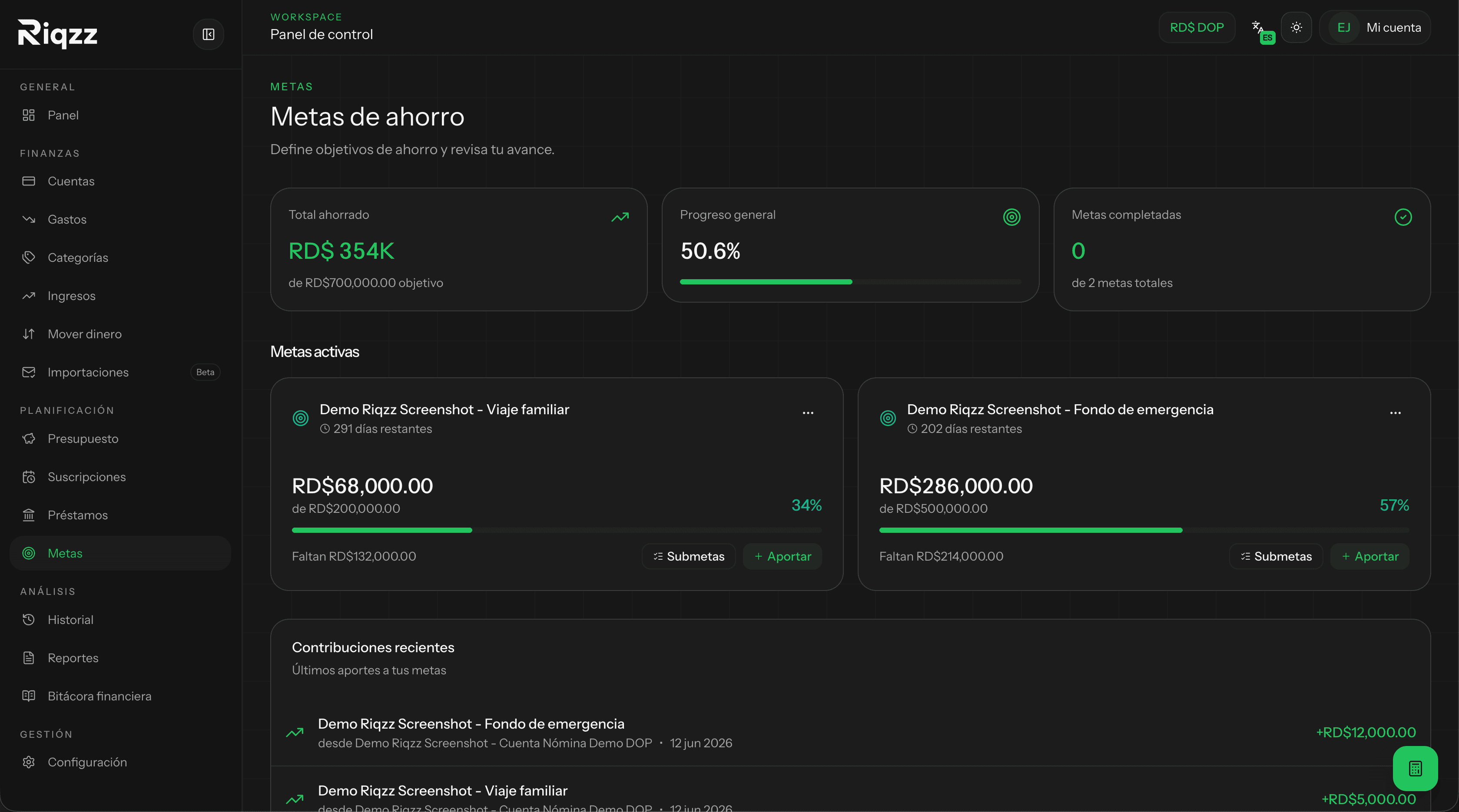 Metas de ahorro en Riqzz con objetivo, fecha, aportes y progreso visible