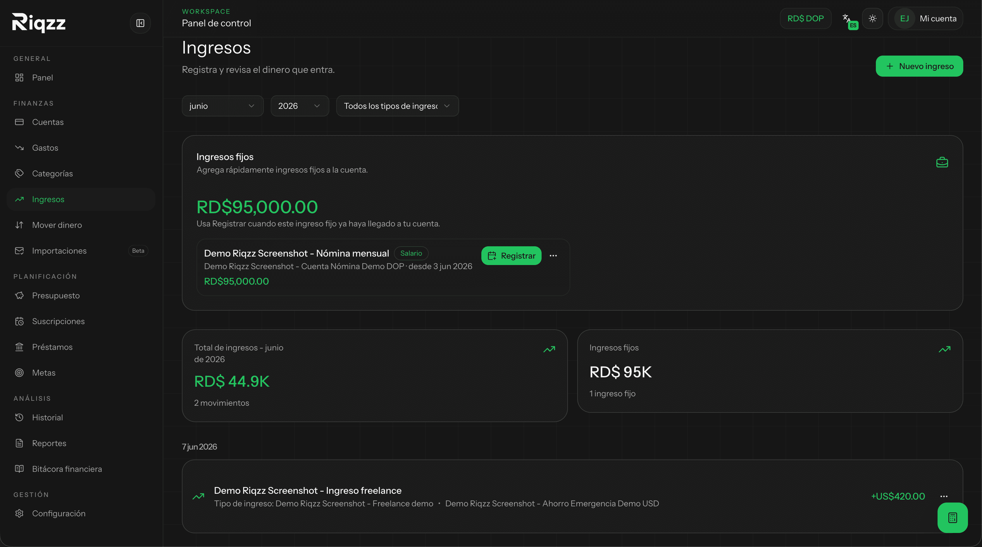Personal income, salary, and freelance deposits organized in Riqzz