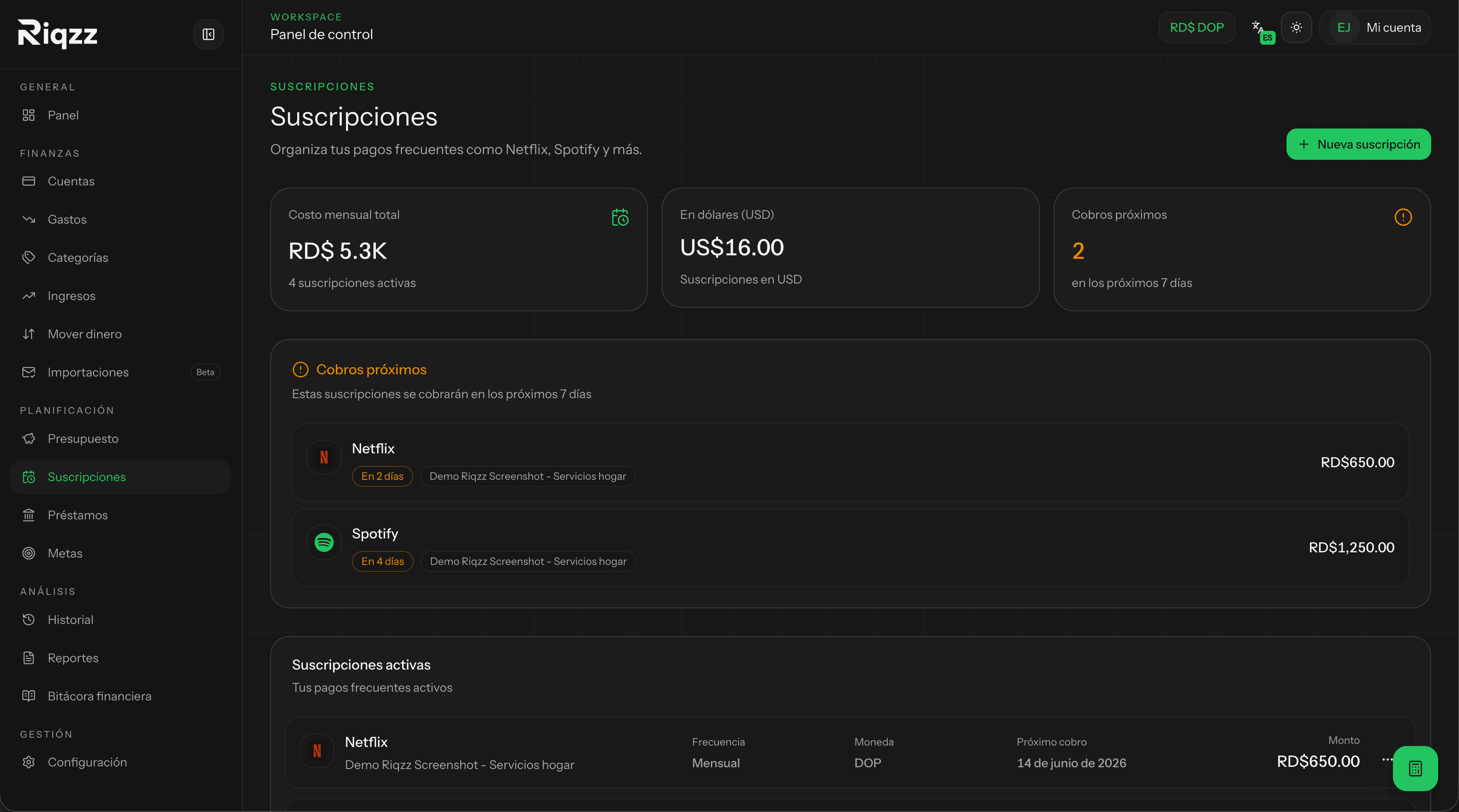 Subscriptions and recurring payments with upcoming dates in Riqzz