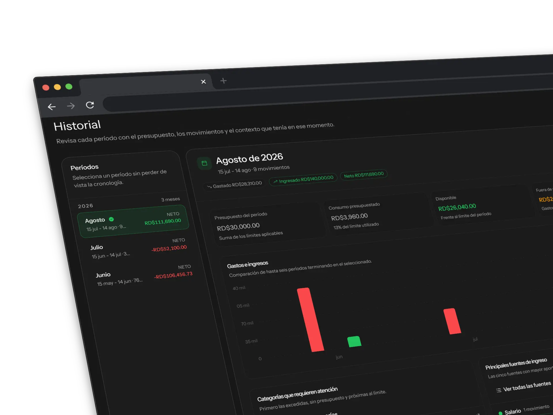 Historial financiero de Riqzz con períodos mensuales, presupuestos, ingresos y gastos